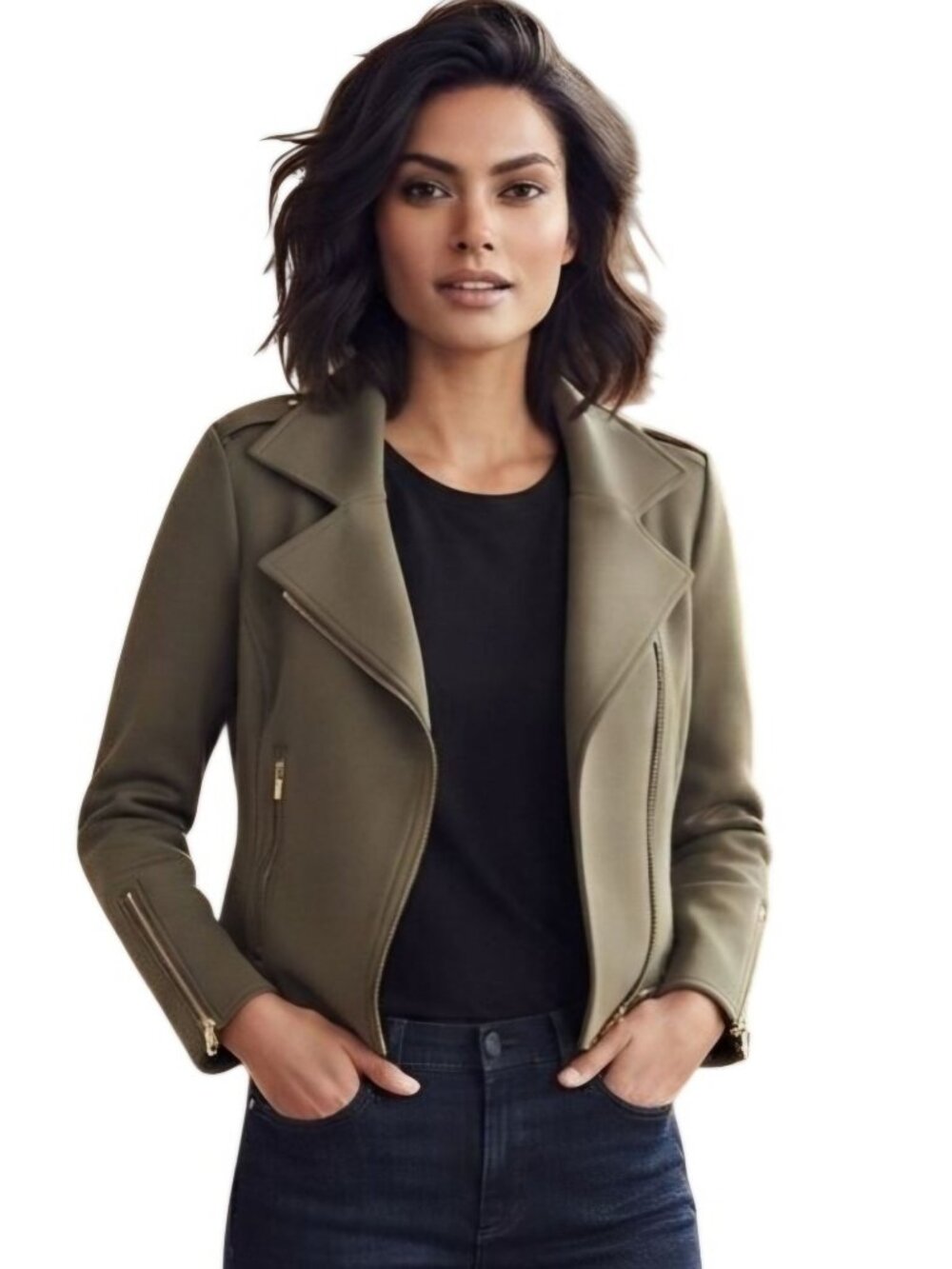 Express Olive Scuba Moto Jacket Gold Hardware Fall Transition Size M